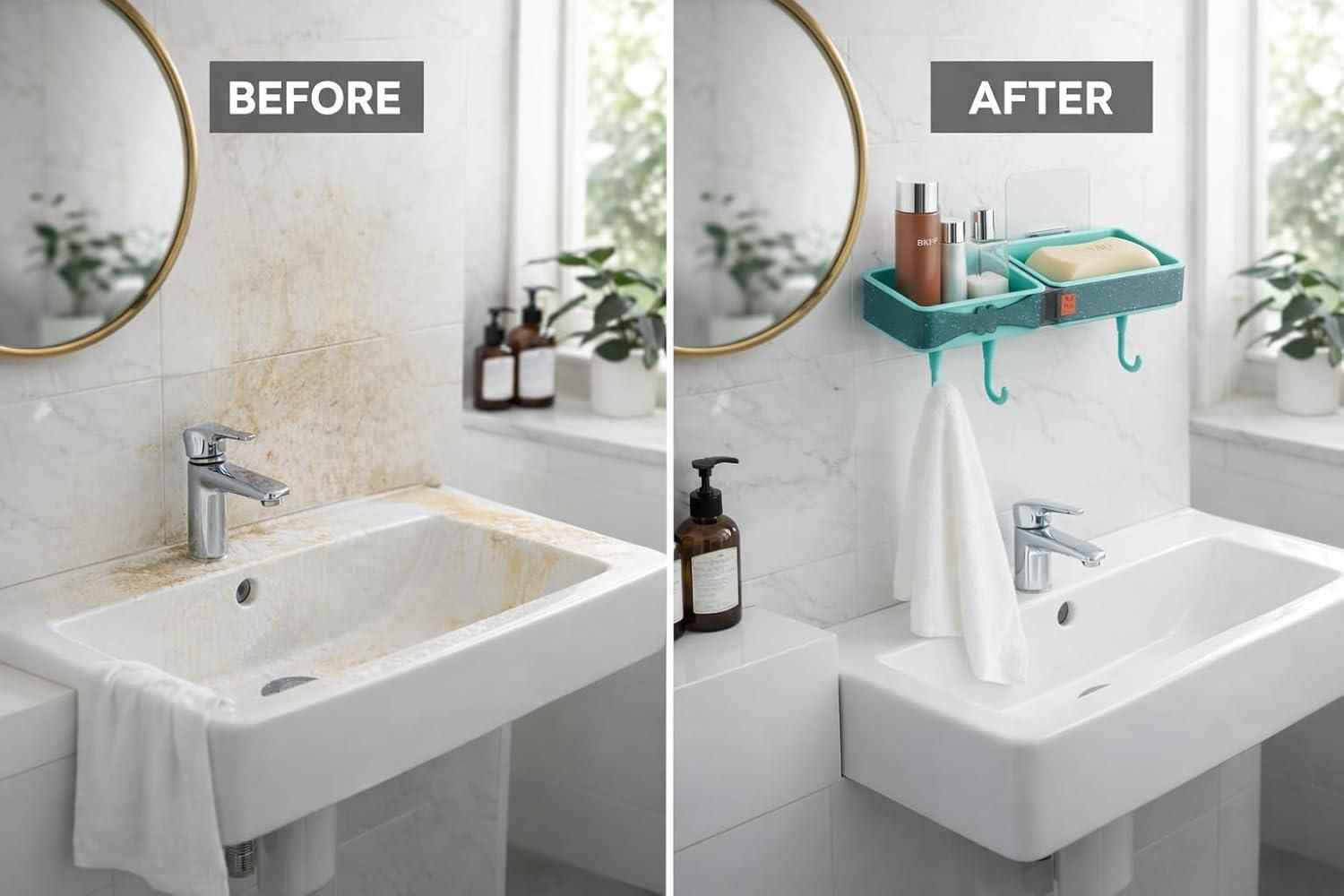 Wall-Mounted Bathroom Shelf with Hooks No-Drill Self-Adhesive Dual Compartment Storage Shelf